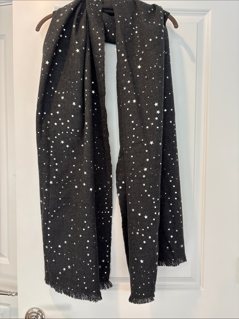 Women’s Dark Grey Silver Evening Star Patterned Print Scarf.